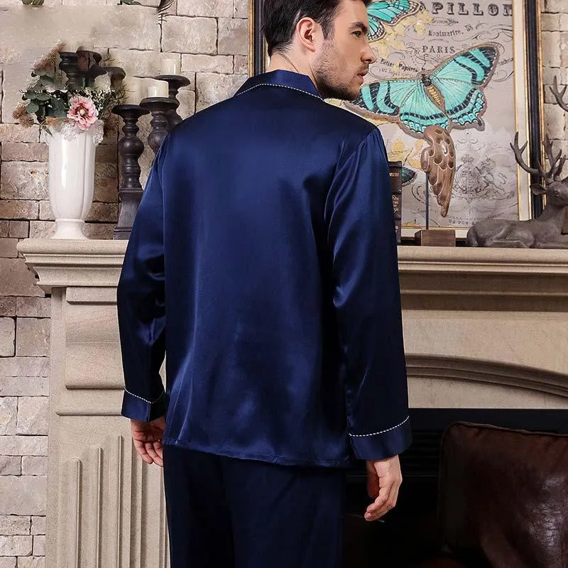 Mens Blue Long silk pajamas Set with flowers Silk Nightwear