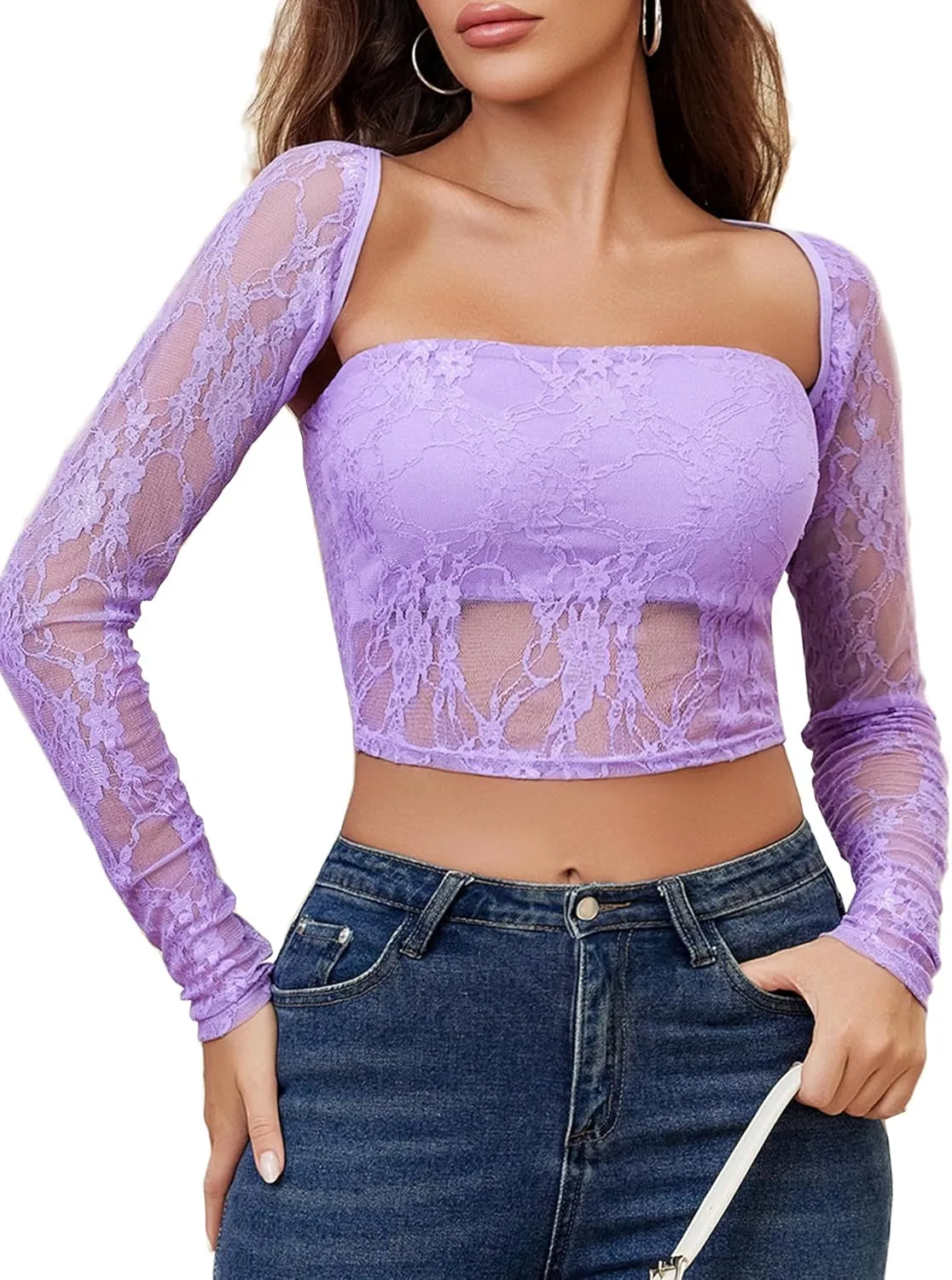 Mesh Tops Lace Long Sleeve Crop Top Shirt