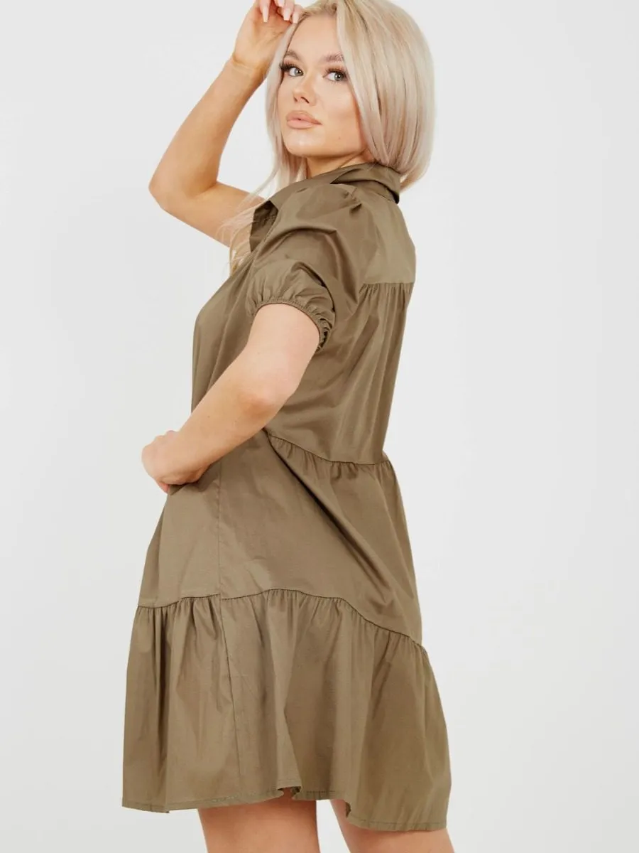 Mia Button-Front Tiered Smock Dress In Khaki