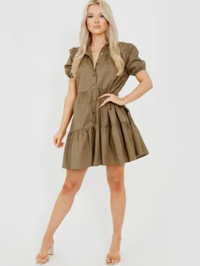 Mia Button-Front Tiered Smock Dress In Khaki