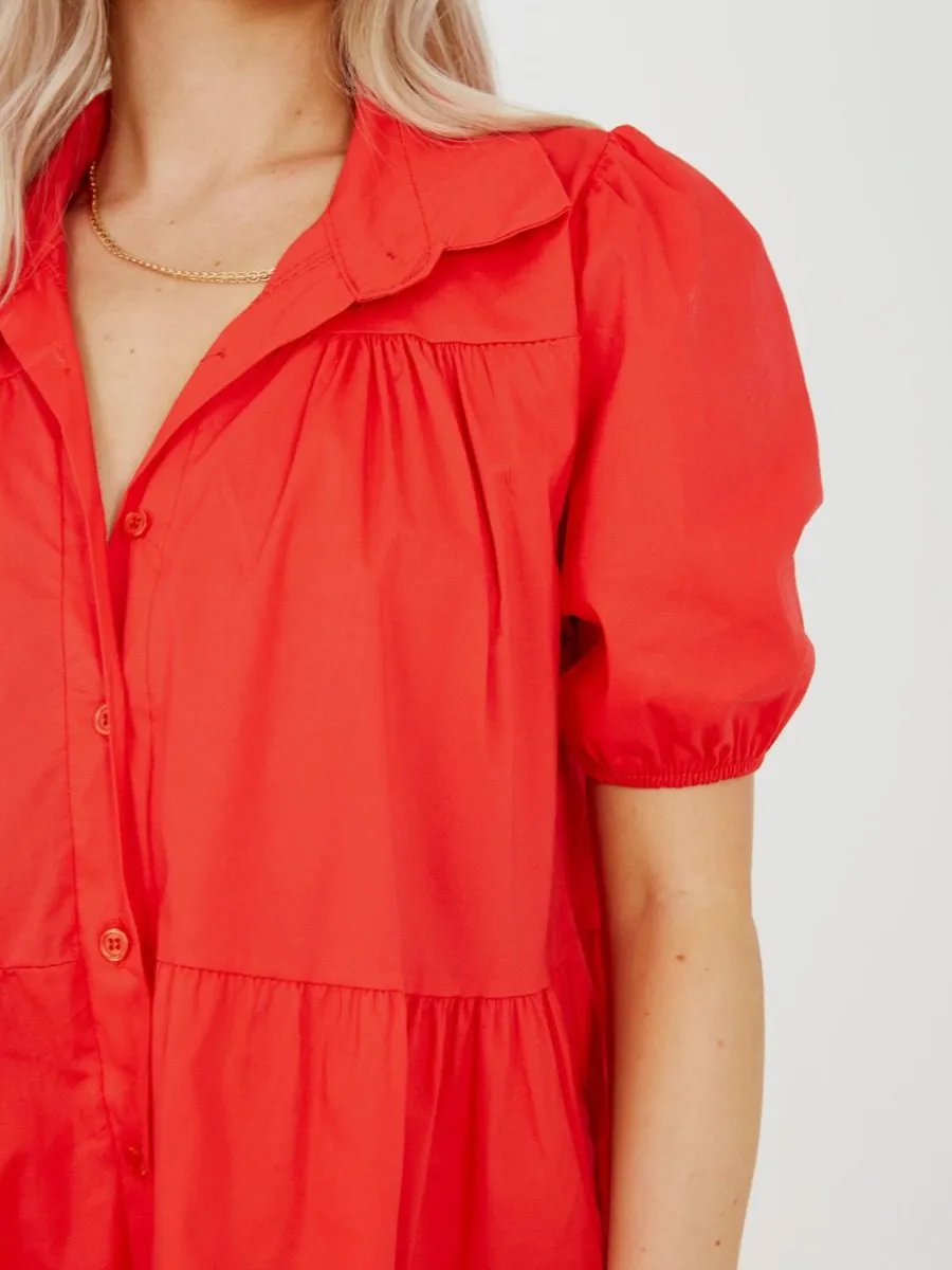 Mia Button-Front Tiered Smock Dress In Red