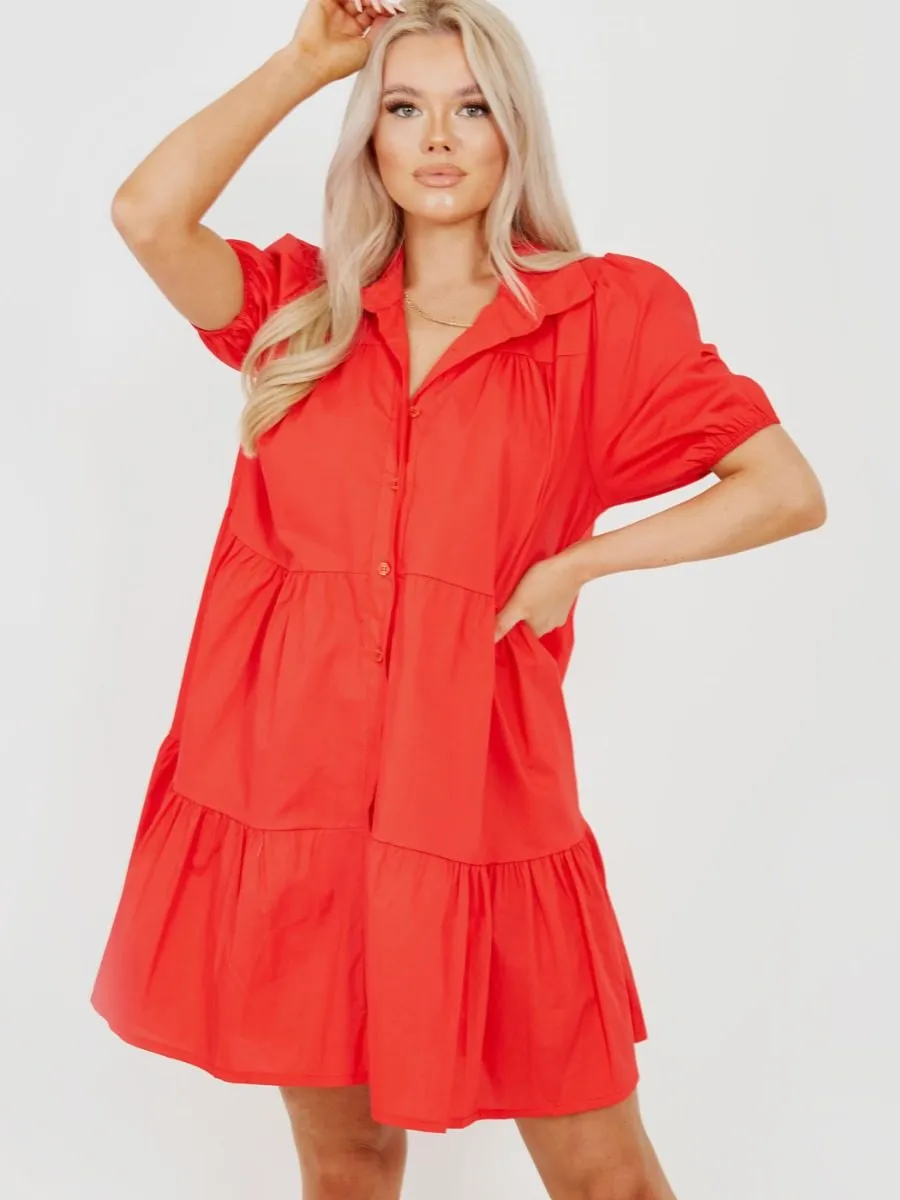 Mia Button-Front Tiered Smock Dress In Red