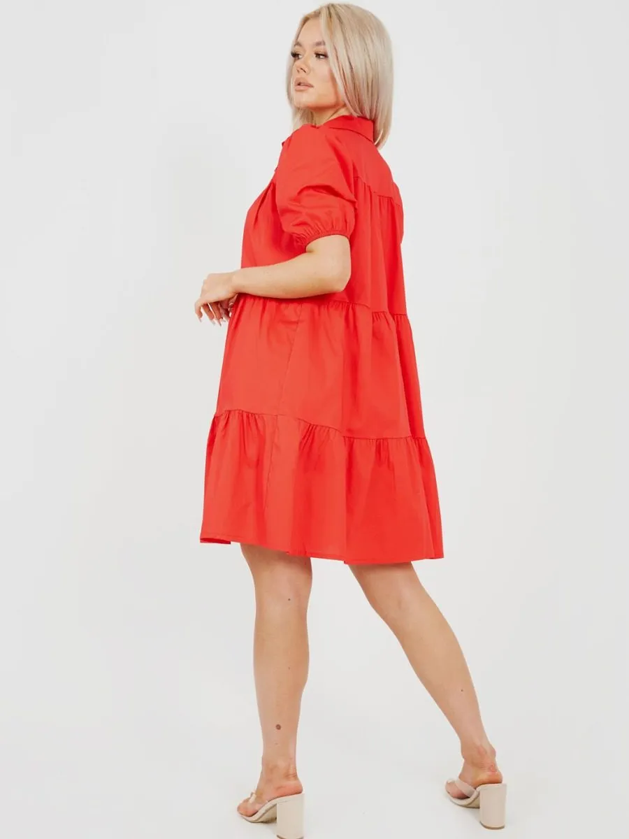 Mia Button-Front Tiered Smock Dress In Red