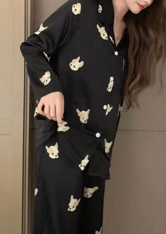 Modern Black Peter Pan Collar Print Ice Silk 2 Piece Outfit Pajamas Spring LY2808