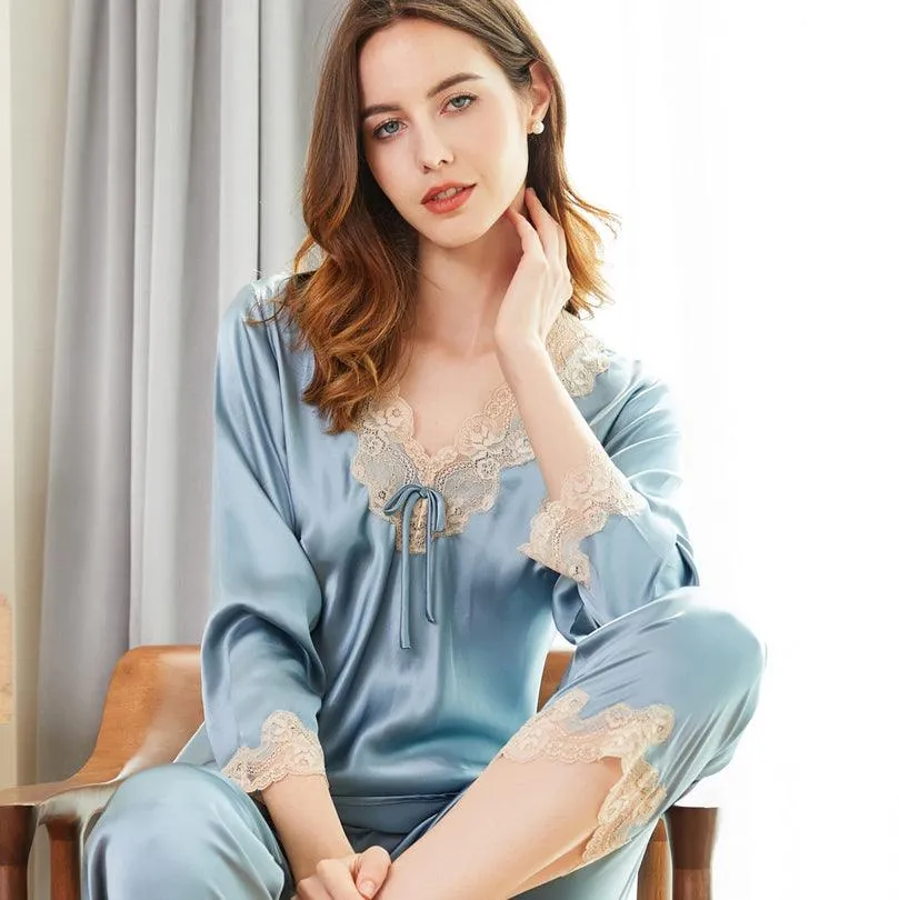 Mulberry Silk Long Sleeves Pyjamas Set 22 MM Tow Piece Silk Sleepwear