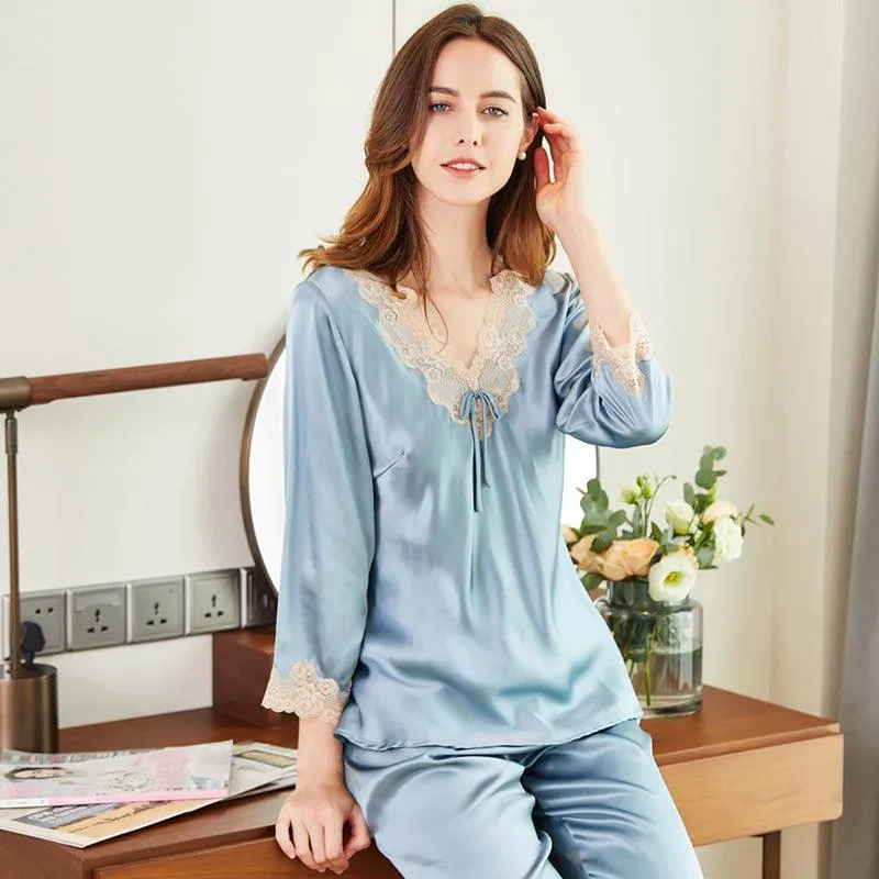 Mulberry Silk Long Sleeves Pyjamas Set 22 MM Tow Piece Silk Sleepwear