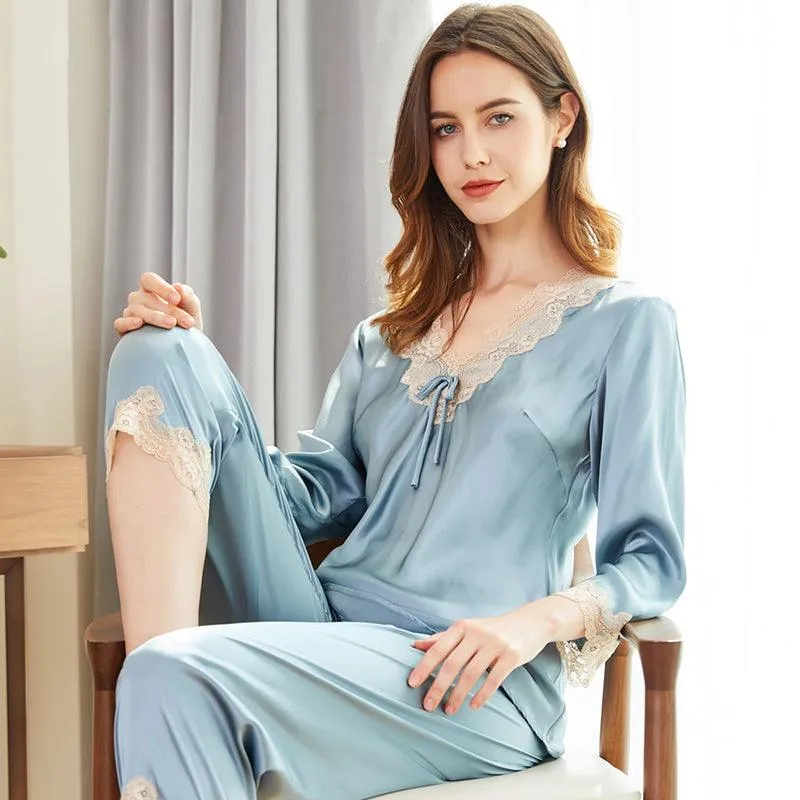 Mulberry Silk Long Sleeves Pyjamas Set 22 MM Tow Piece Silk Sleepwear