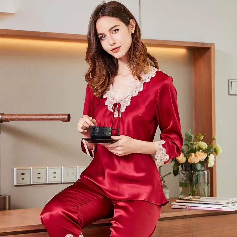 Mulberry Silk Long Sleeves Pyjamas Set 22 MM Tow Piece Silk Sleepwear