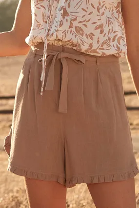 Natural Woman Linen-Blend Belted Ruffle Shorts