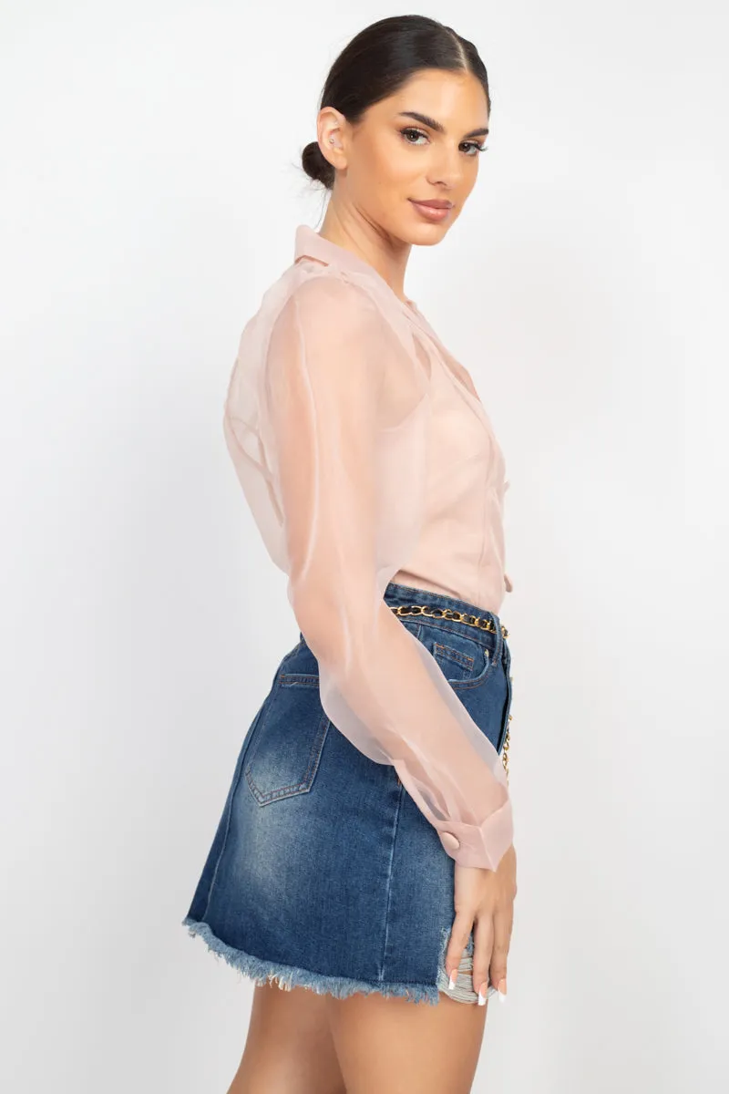 Nude Organza Balloon Sleeve Blouse