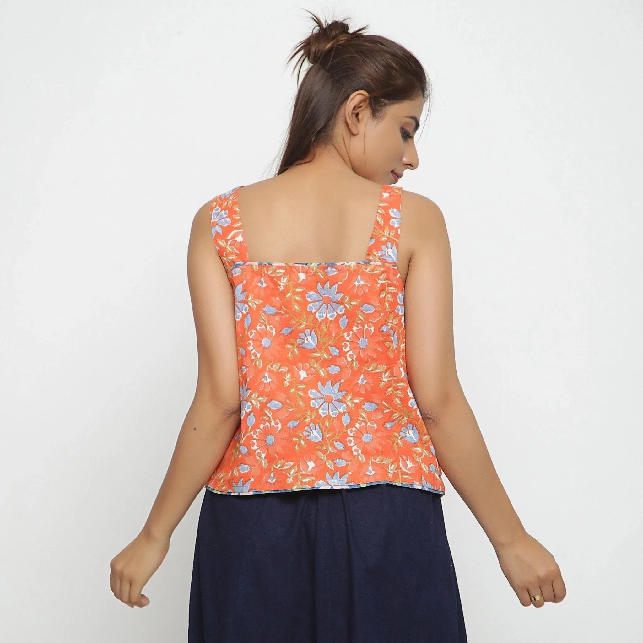 Orange Floral Block Printed Square Neck Cotton Top