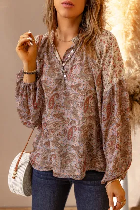 Paisley Print Quarter Button Balloon Sleeve Blouse