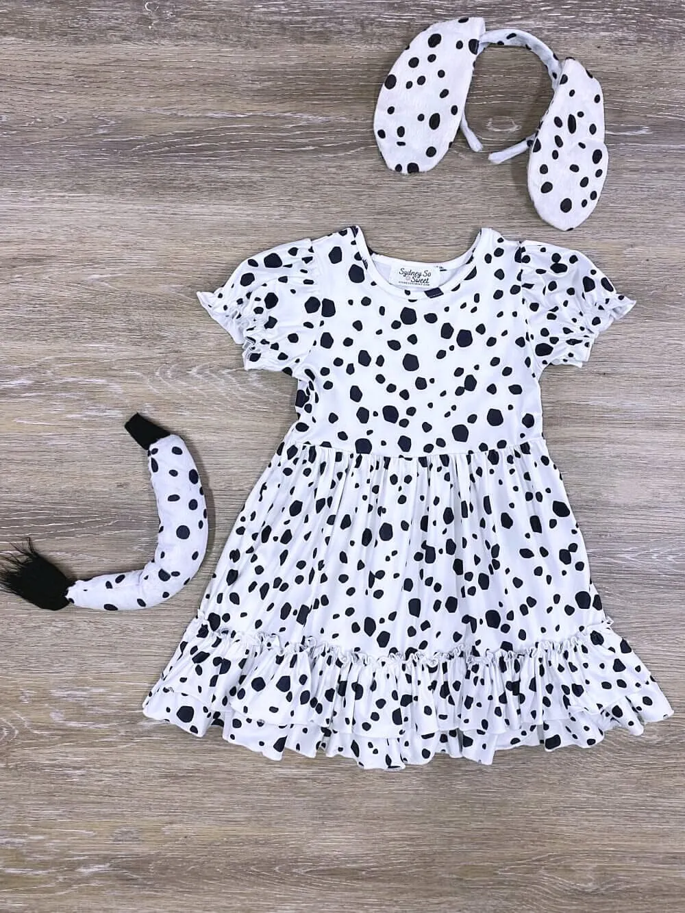 Puff Short Sleeve White & Black Girls Dalmatian Costume Dress with Tail & Ears