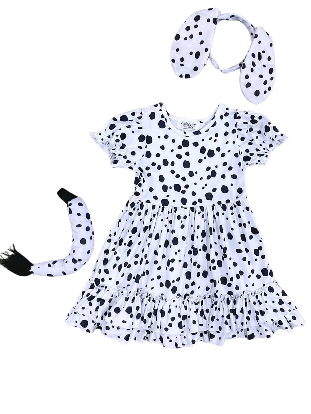 Puff Short Sleeve White & Black Girls Dalmatian Costume Dress with Tail & Ears