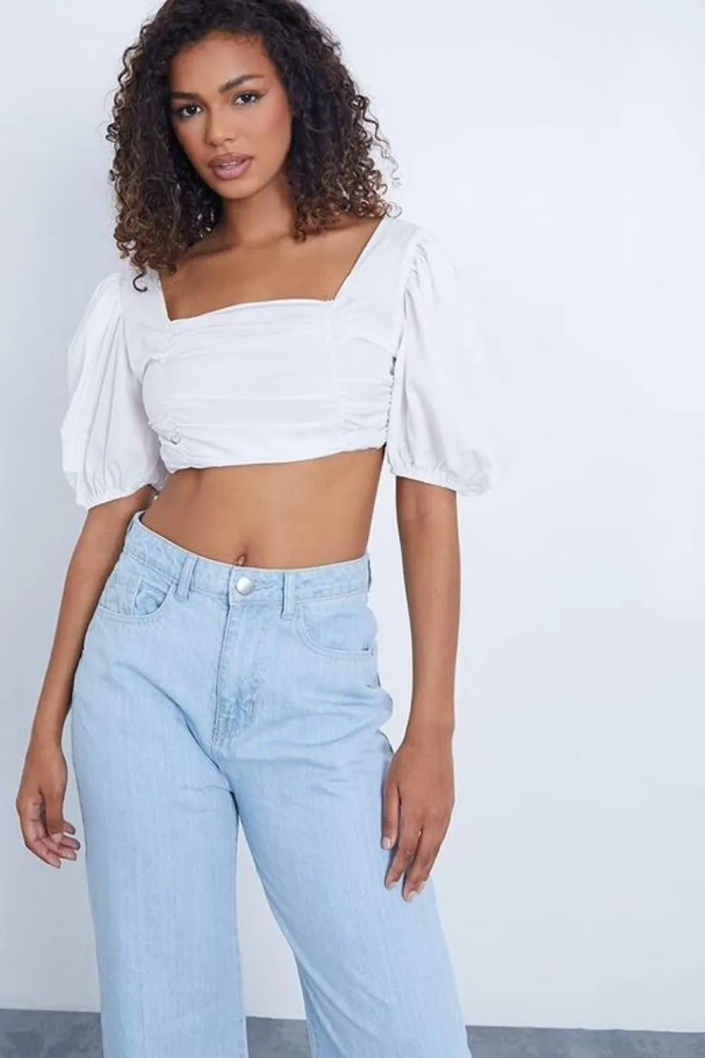 Puff Sleeves  Square White Crop Top