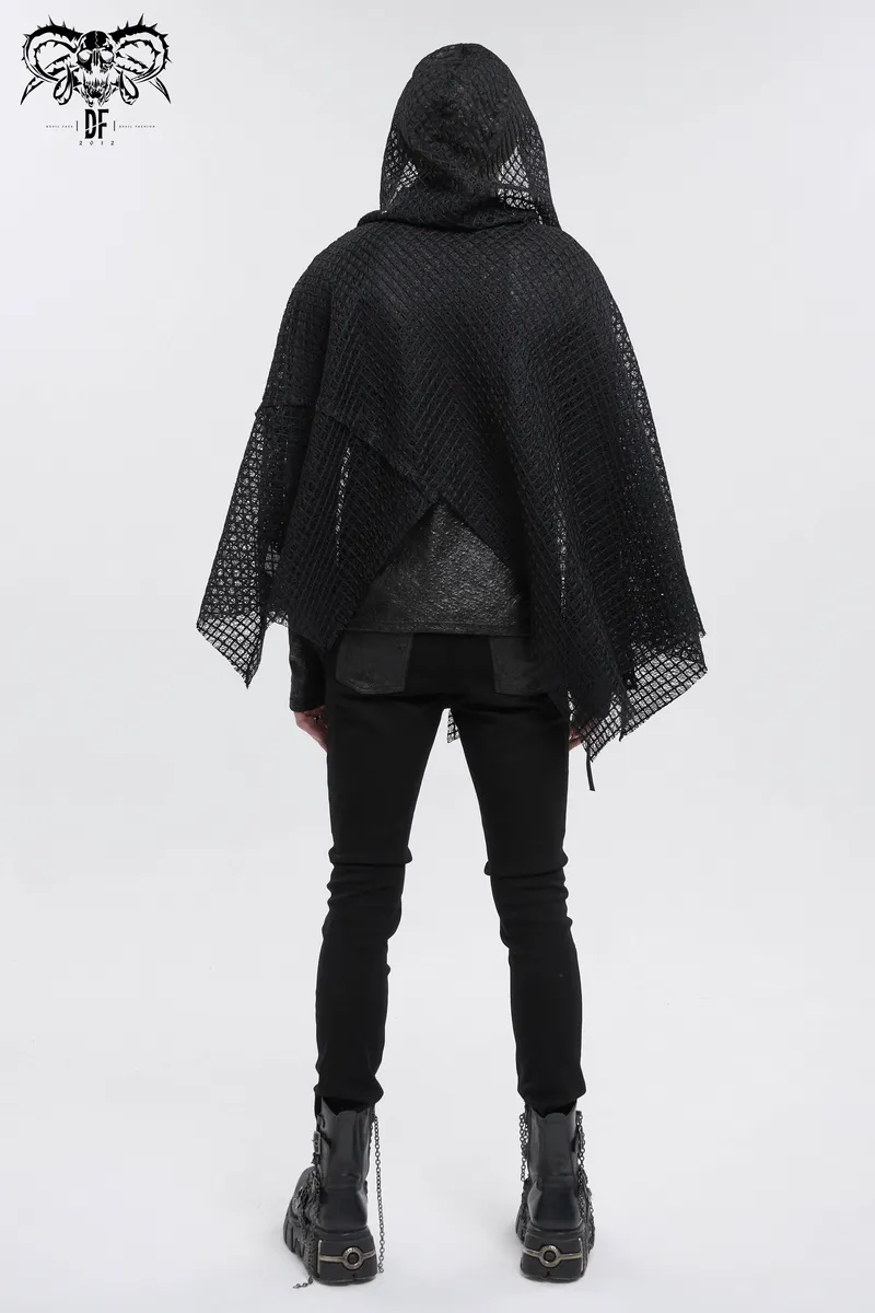 Punk Irregular Mesh Cloak with Hood / Gothic Black Loose Male Clothing