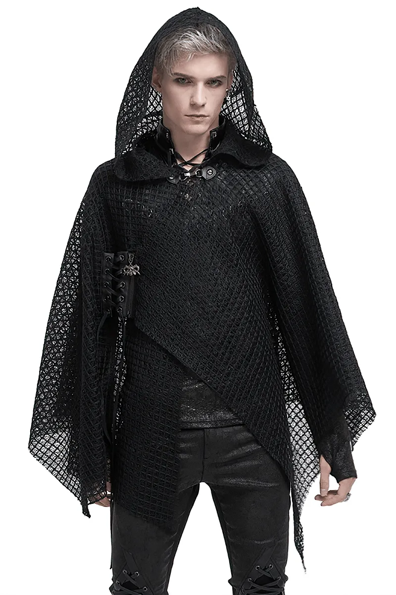 Punk Irregular Mesh Cloak with Hood / Gothic Black Loose Male Clothing