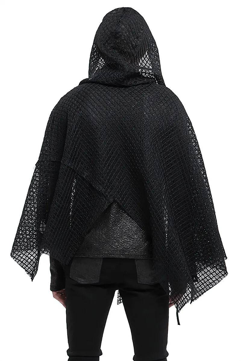 Punk Irregular Mesh Cloak with Hood / Gothic Black Loose Male Clothing