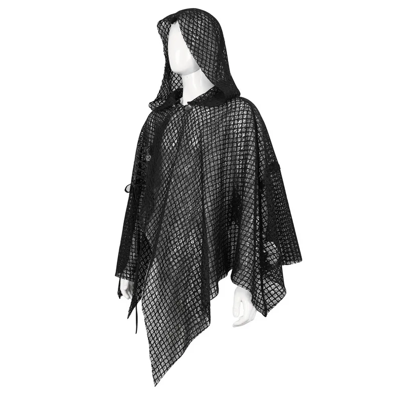 Punk Irregular Mesh Cloak with Hood / Gothic Black Loose Male Clothing