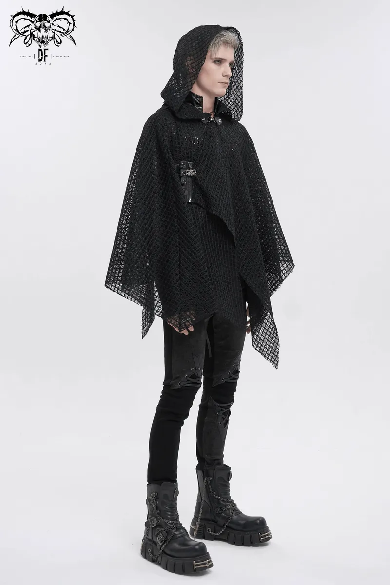 Punk Irregular Mesh Cloak with Hood / Gothic Black Loose Male Clothing