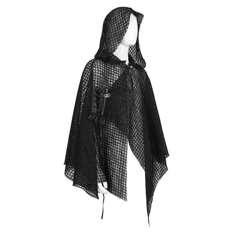 Punk Irregular Mesh Cloak with Hood / Gothic Black Loose Male Clothing