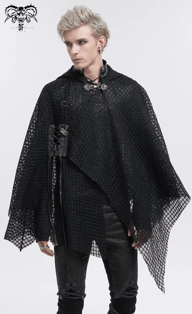 Punk Irregular Mesh Cloak with Hood / Gothic Black Loose Male Clothing