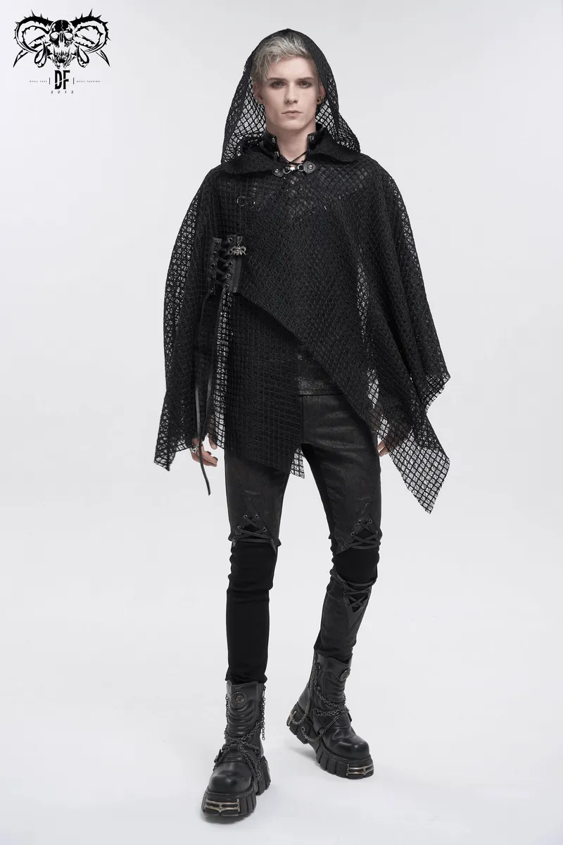 Punk Irregular Mesh Cloak with Hood / Gothic Black Loose Male Clothing