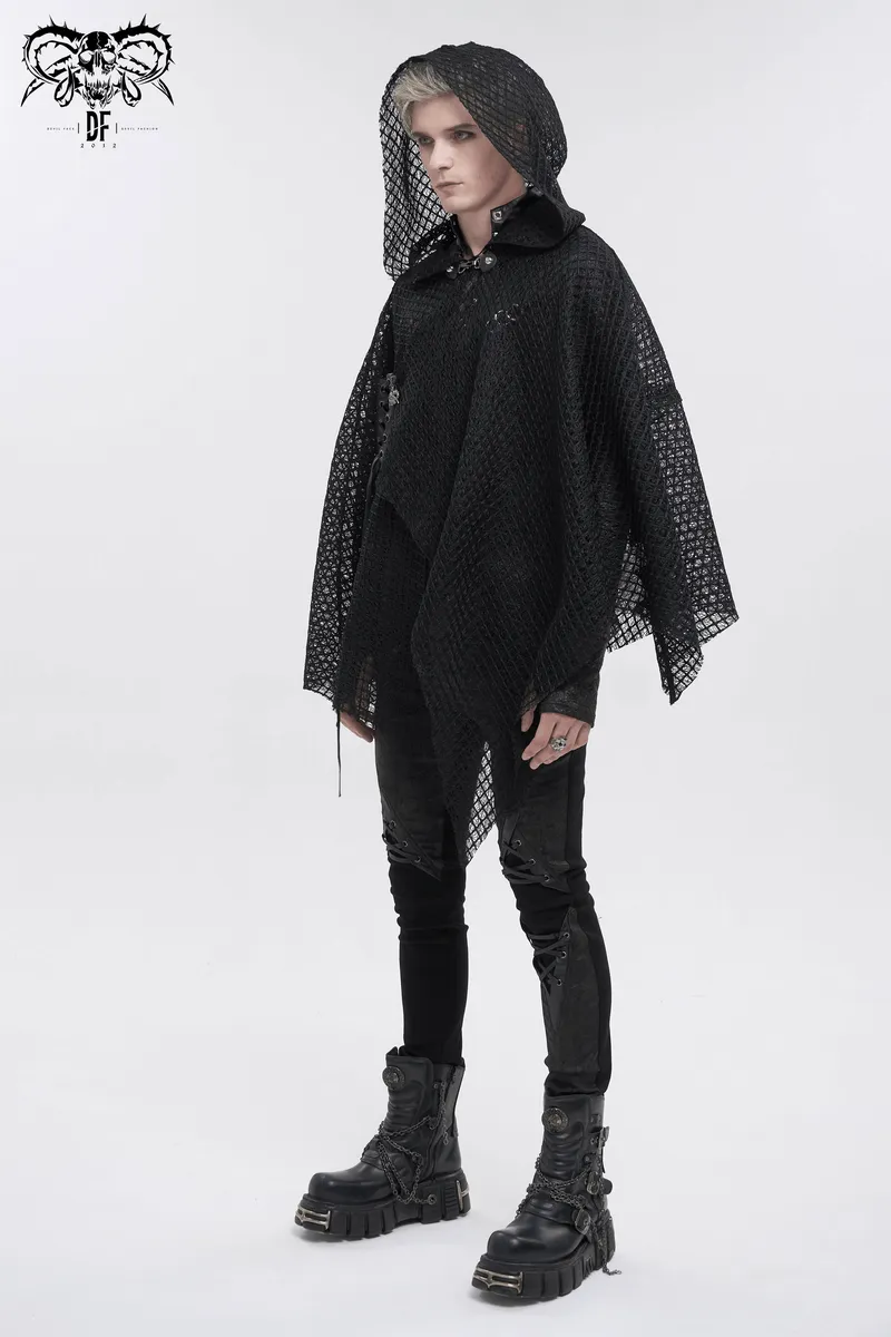 Punk Irregular Mesh Cloak with Hood / Gothic Black Loose Male Clothing