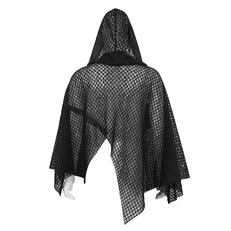 Punk Irregular Mesh Cloak with Hood / Gothic Black Loose Male Clothing