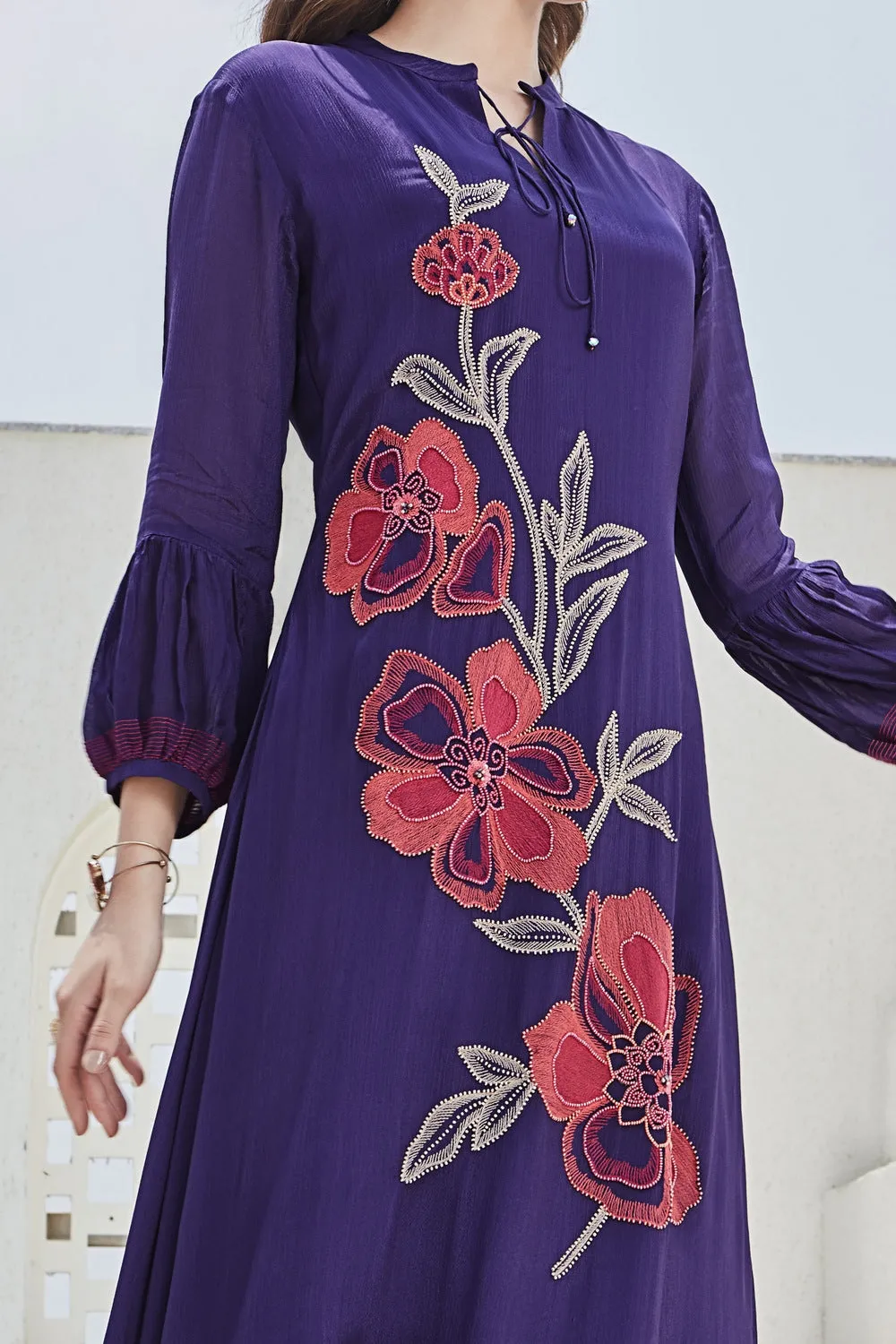 Purple Beads, Thread and Sequins work Anarkali Styled Long Kurti