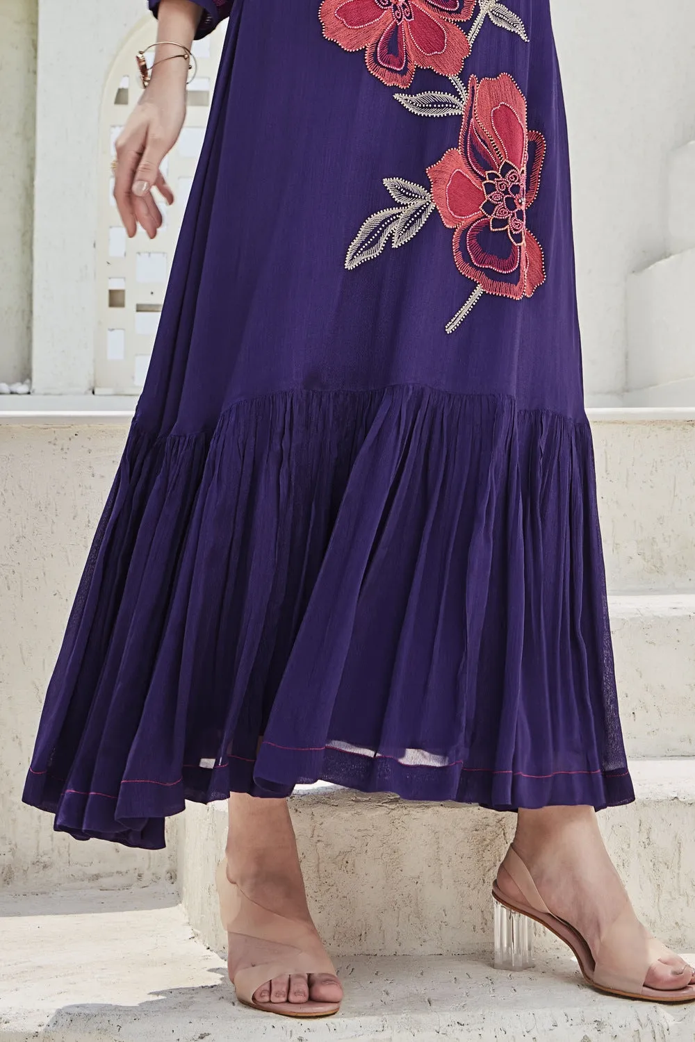 Purple Beads, Thread and Sequins work Anarkali Styled Long Kurti