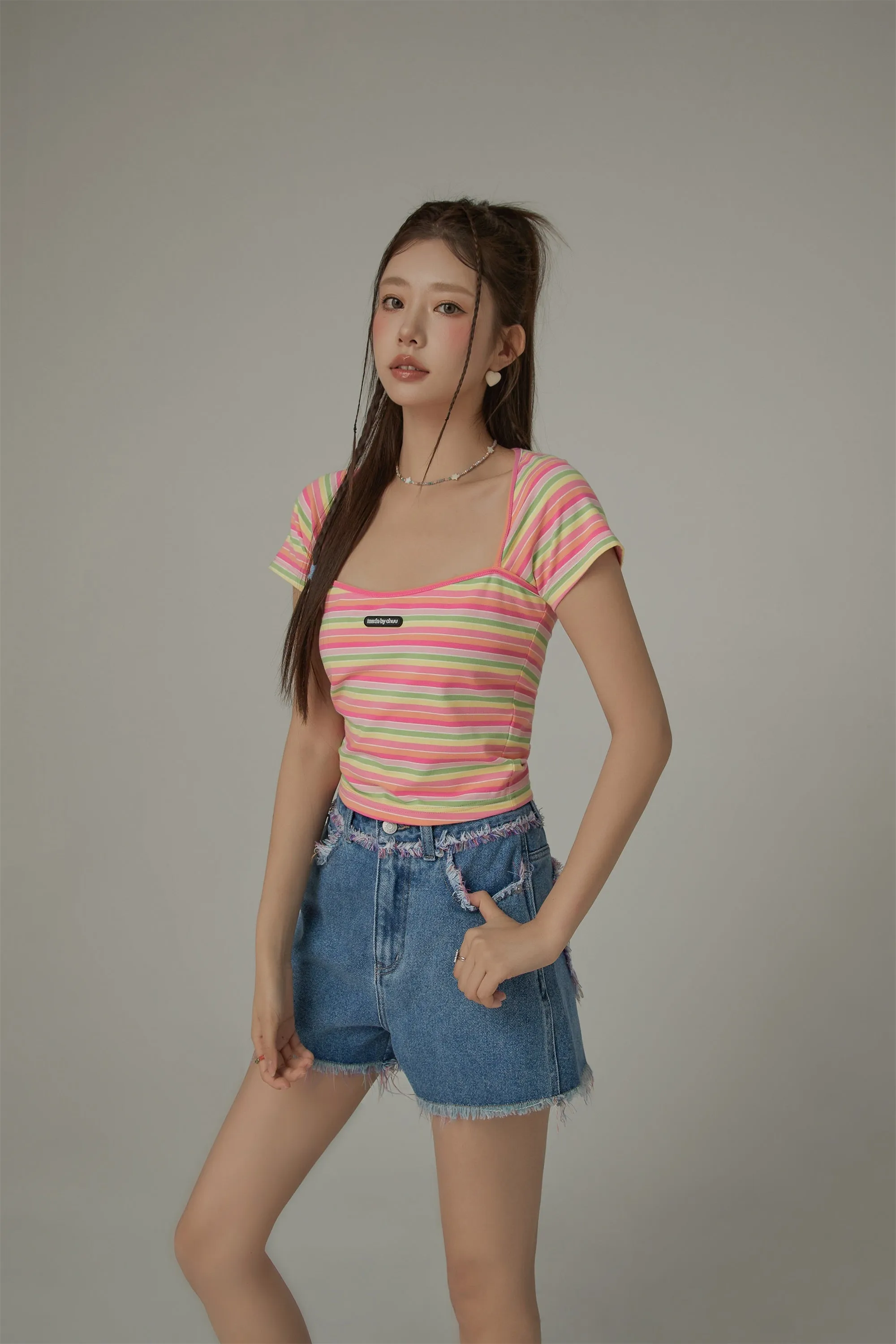 Rainbow Stripe Square Neck T-Shirt