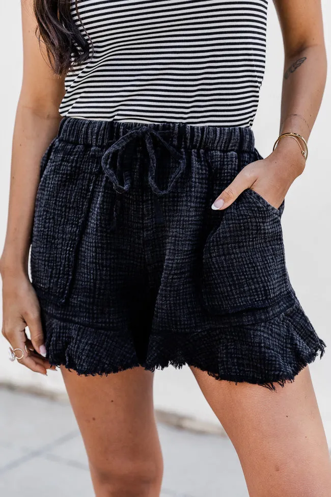 Ready To Go Black Acid Wash Gauze Ruffle Hem Pull On Shorts FINAL SALE