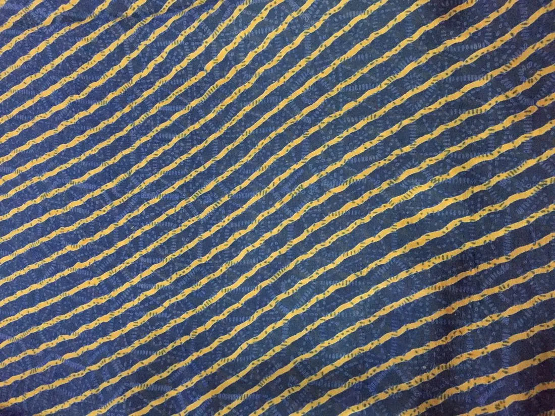 Silk dupion fabric printed with teal and gold stripes vertical 44" wide [12344]