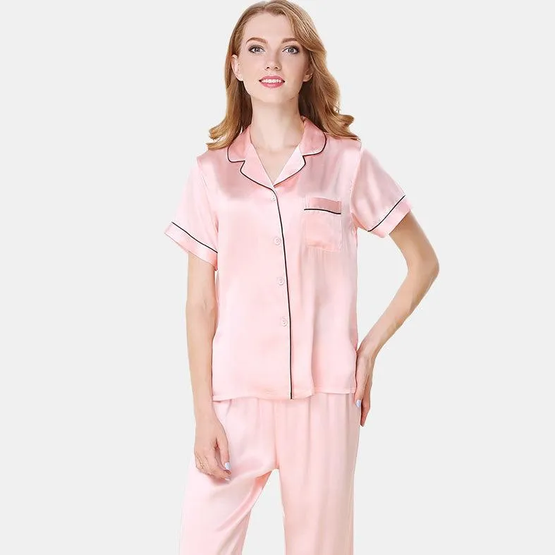 Silk Pajama Set for Women Short Sleeve Long Pant Women's Soft Silk Sleepwear