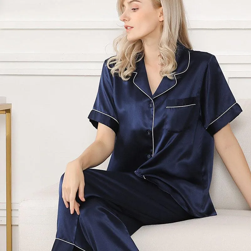 Silk Pajama Set for Women Short Sleeve Long Pant Women's Soft Silk Sleepwear