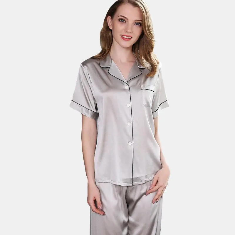 Silk Pajama Set for Women Short Sleeve Long Pant Women's Soft Silk Sleepwear