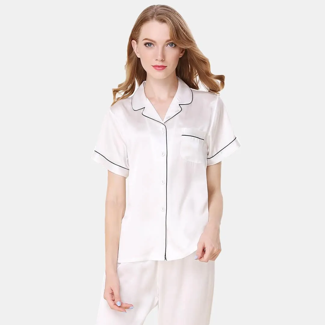 Silk Pajama Set for Women Short Sleeve Long Pant Women's Soft Silk Sleepwear