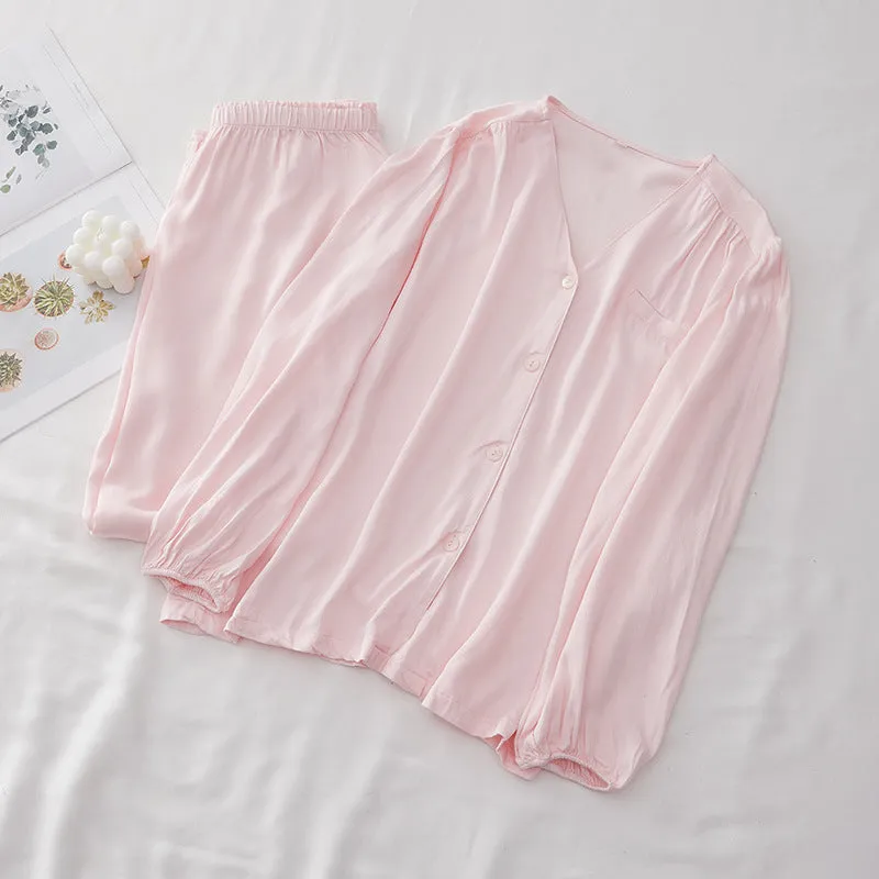 Solid cotton Silk Pajama Set