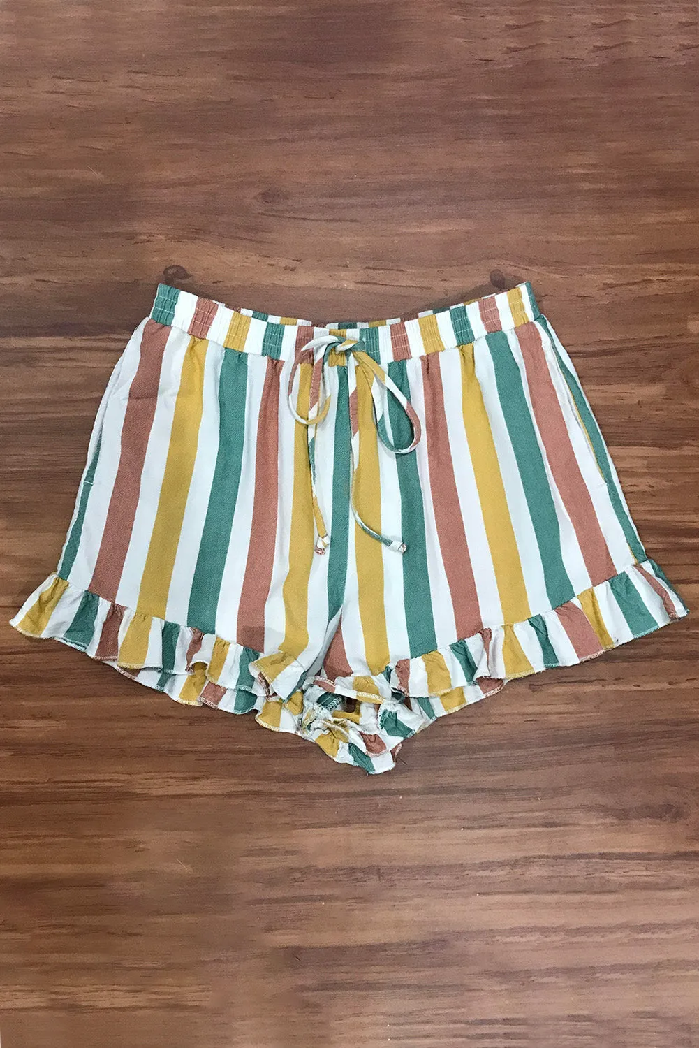 Striped Ruffle Hem Drawstring Shorts