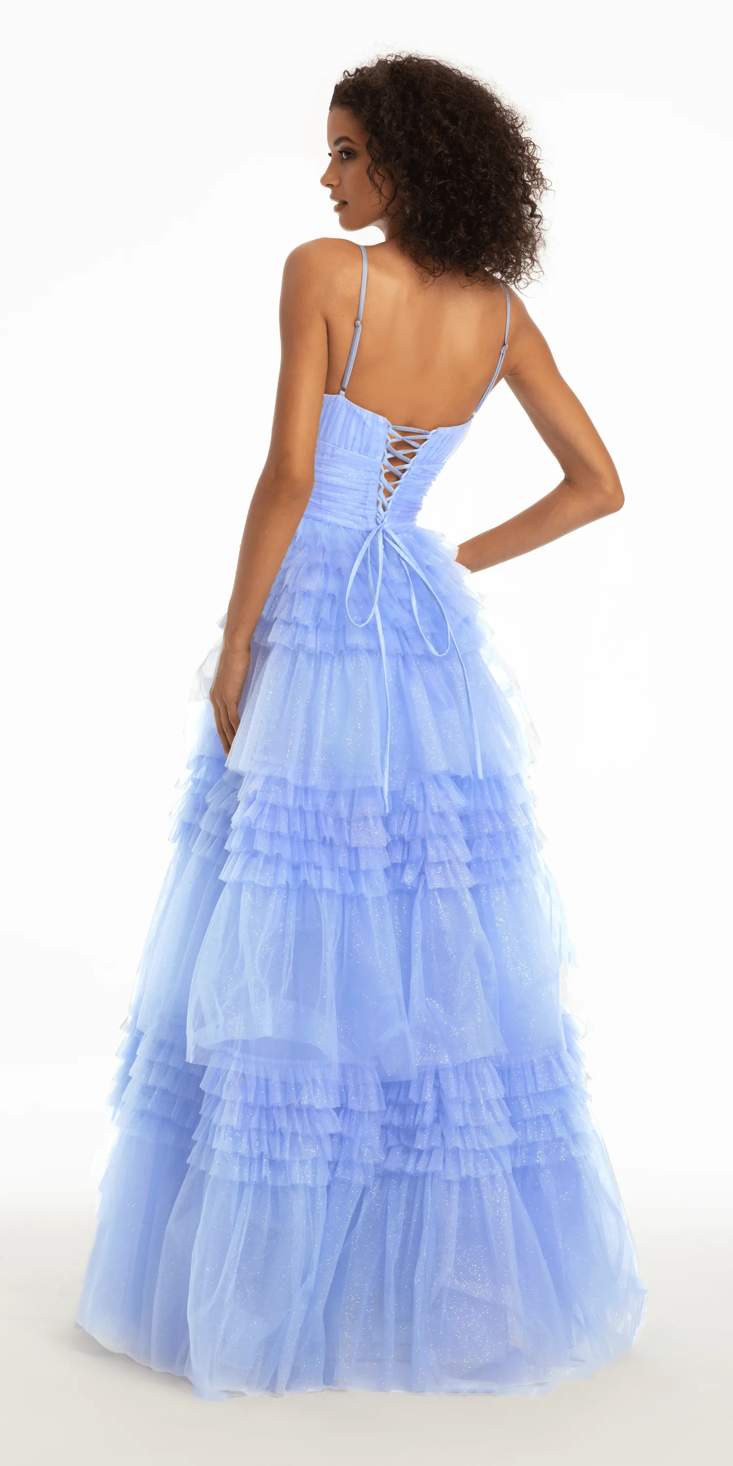 Sweetheart Mesh Ruched Tiered Lace Up Back Ballgown