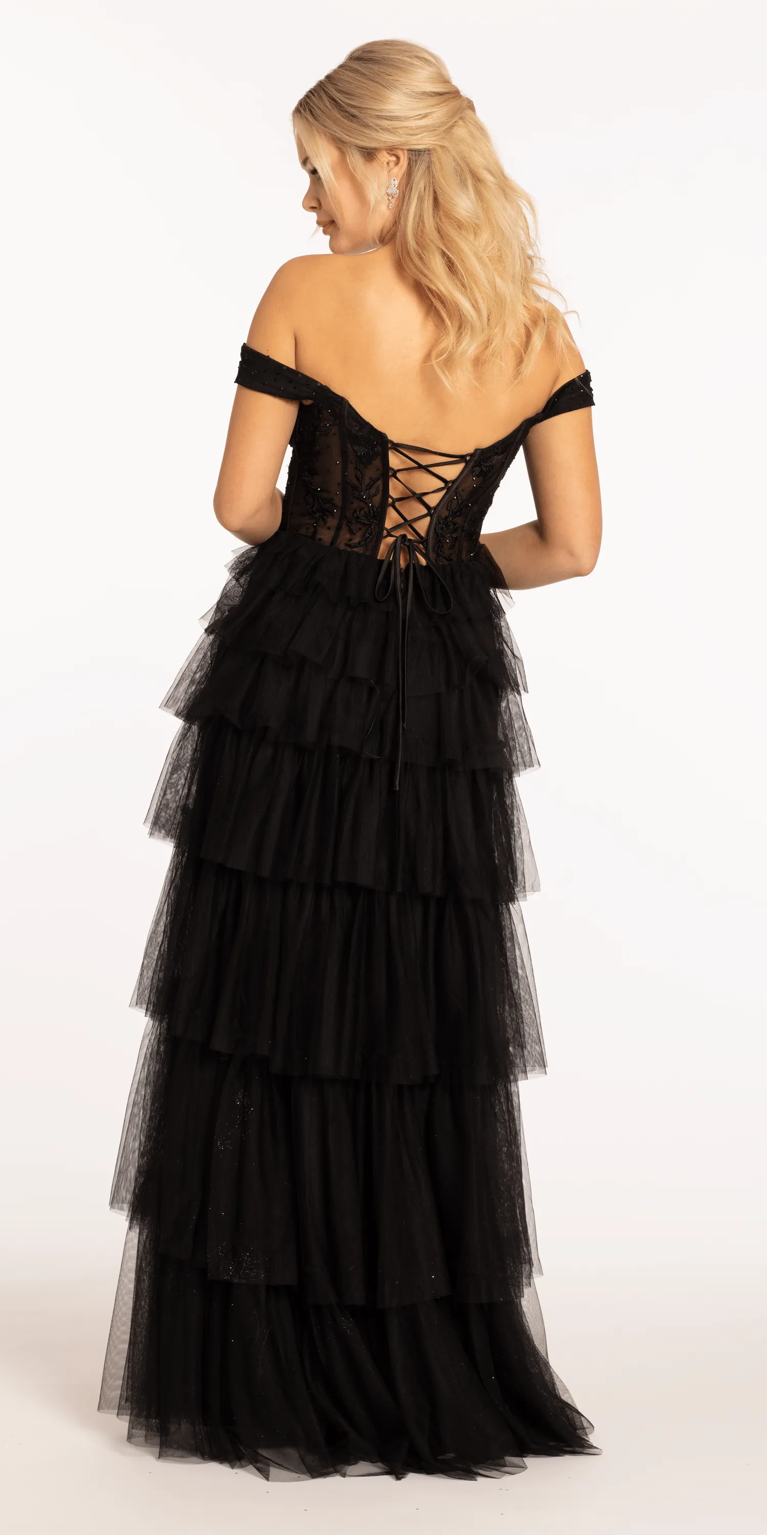 Sweetheart Off the Shoulder Tiered Mesh Ballgown