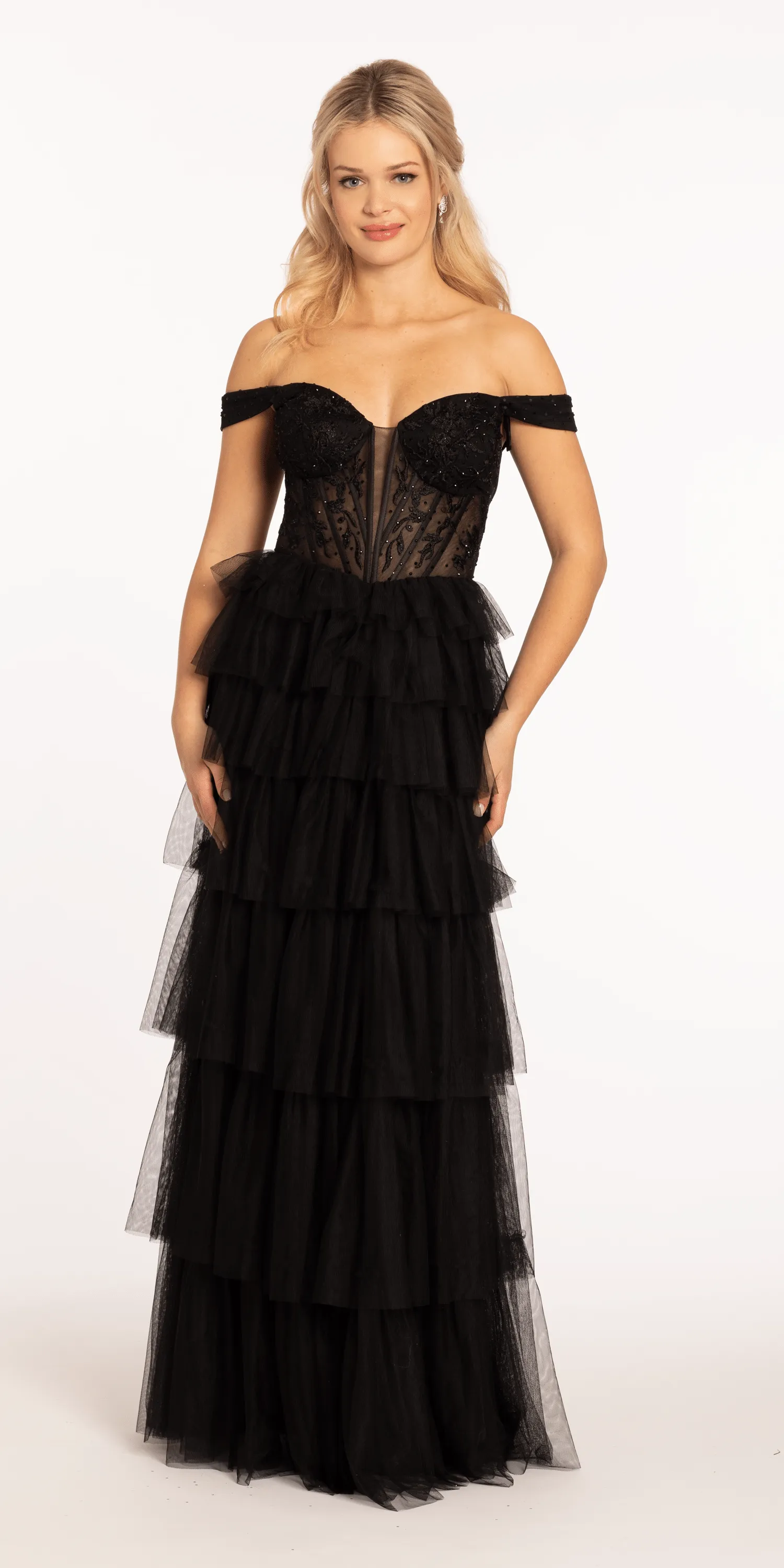 Sweetheart Off the Shoulder Tiered Mesh Ballgown