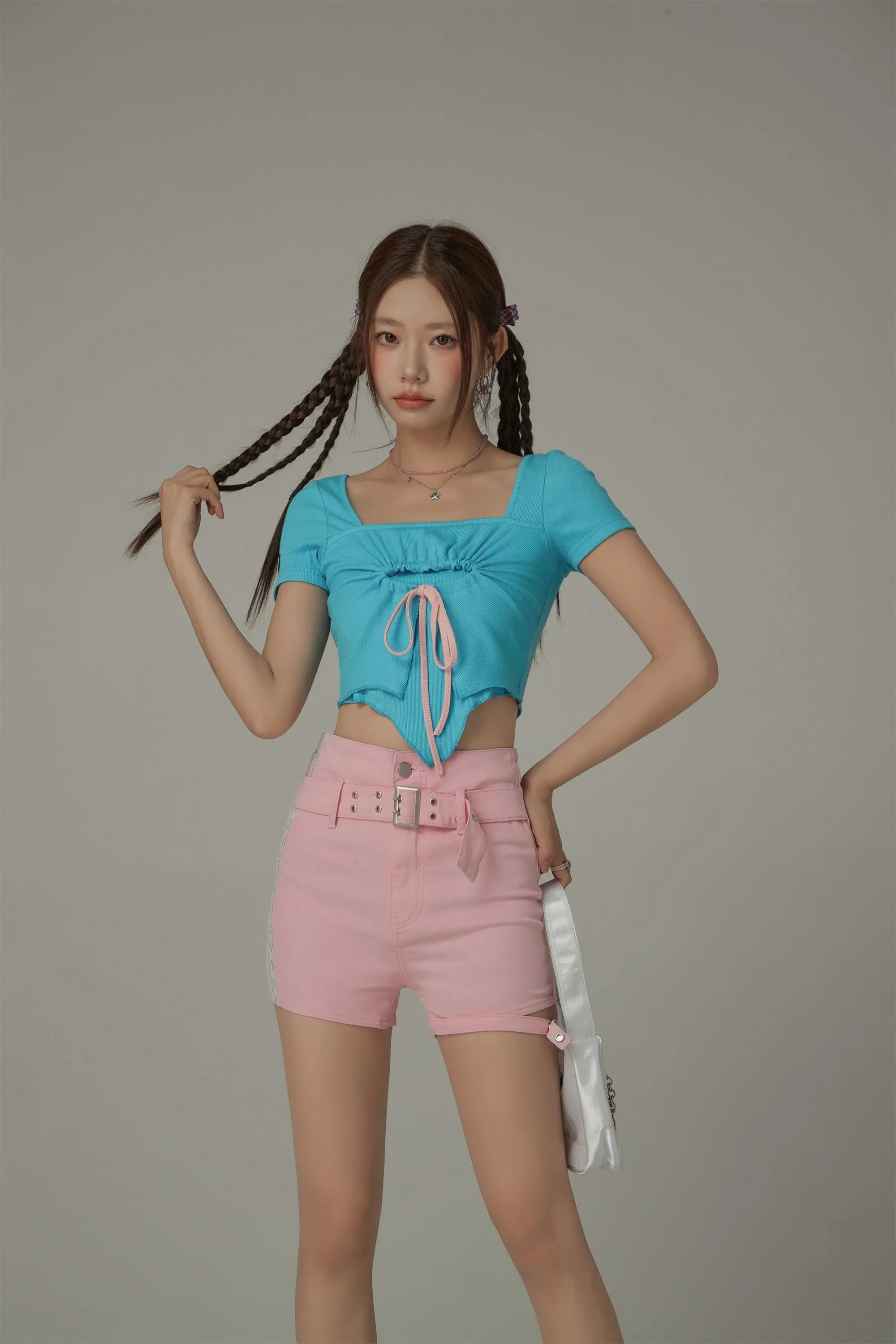 Unbalanced Square Neck Center Ribbon Short Sleeve Top