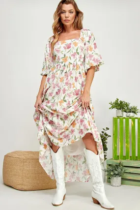 White Floral Barbie Flower Print Balloon Sleeve Tiered Dress