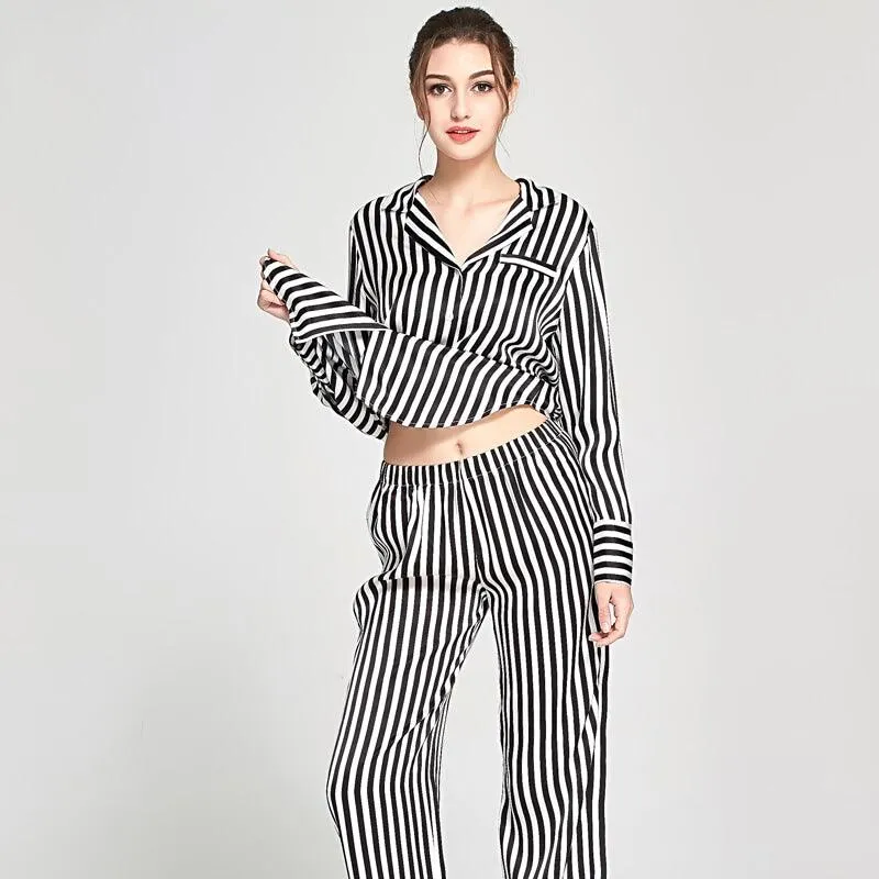 Women's 100% Silk Pajama  Black and White Striped Silk Pajamas  Sleepwear Sets