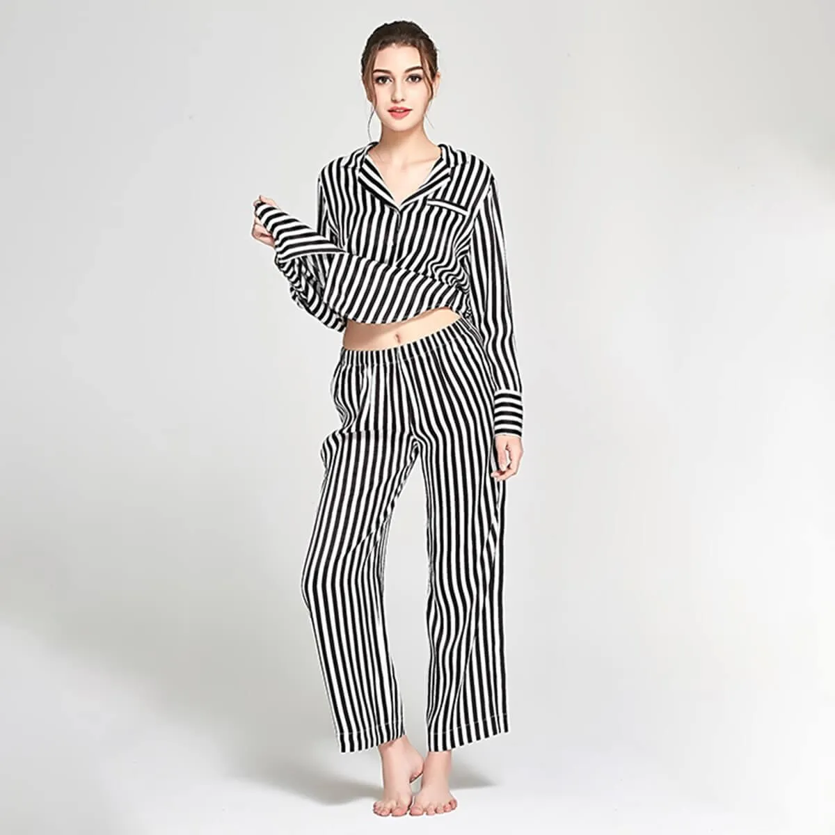 Women's 100% Silk Pajama  Black and White Striped Silk Pajamas  Sleepwear Sets