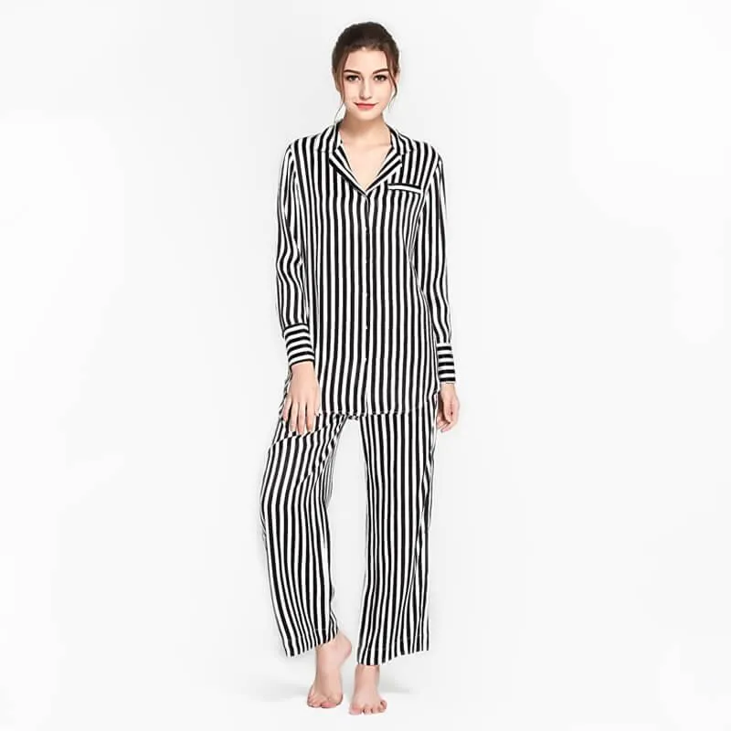 Women's 100% Silk Pajama  Black and White Striped Silk Pajamas  Sleepwear Sets