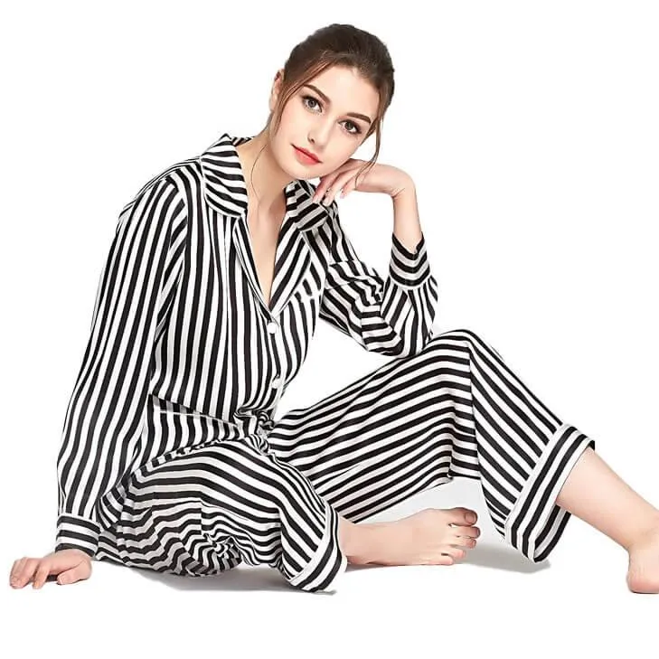 Women's 100% Silk Pajama  Black and White Striped Silk Pajamas  Sleepwear Sets