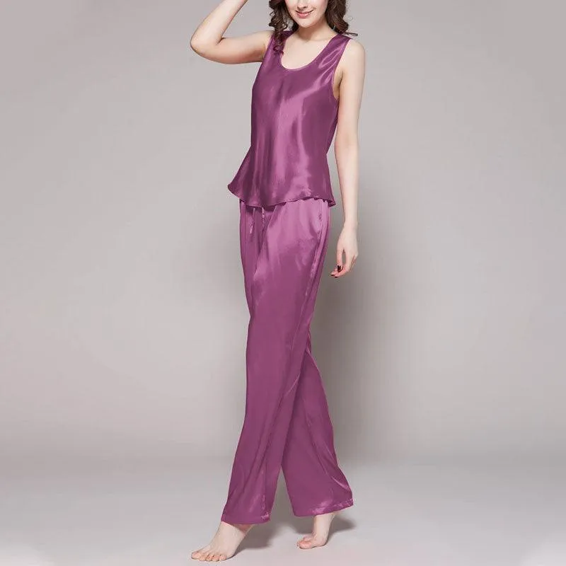 Women's 100% Silk Pajama Set Luxury Sleepwear Sleeveless Silk Tops Pajamas